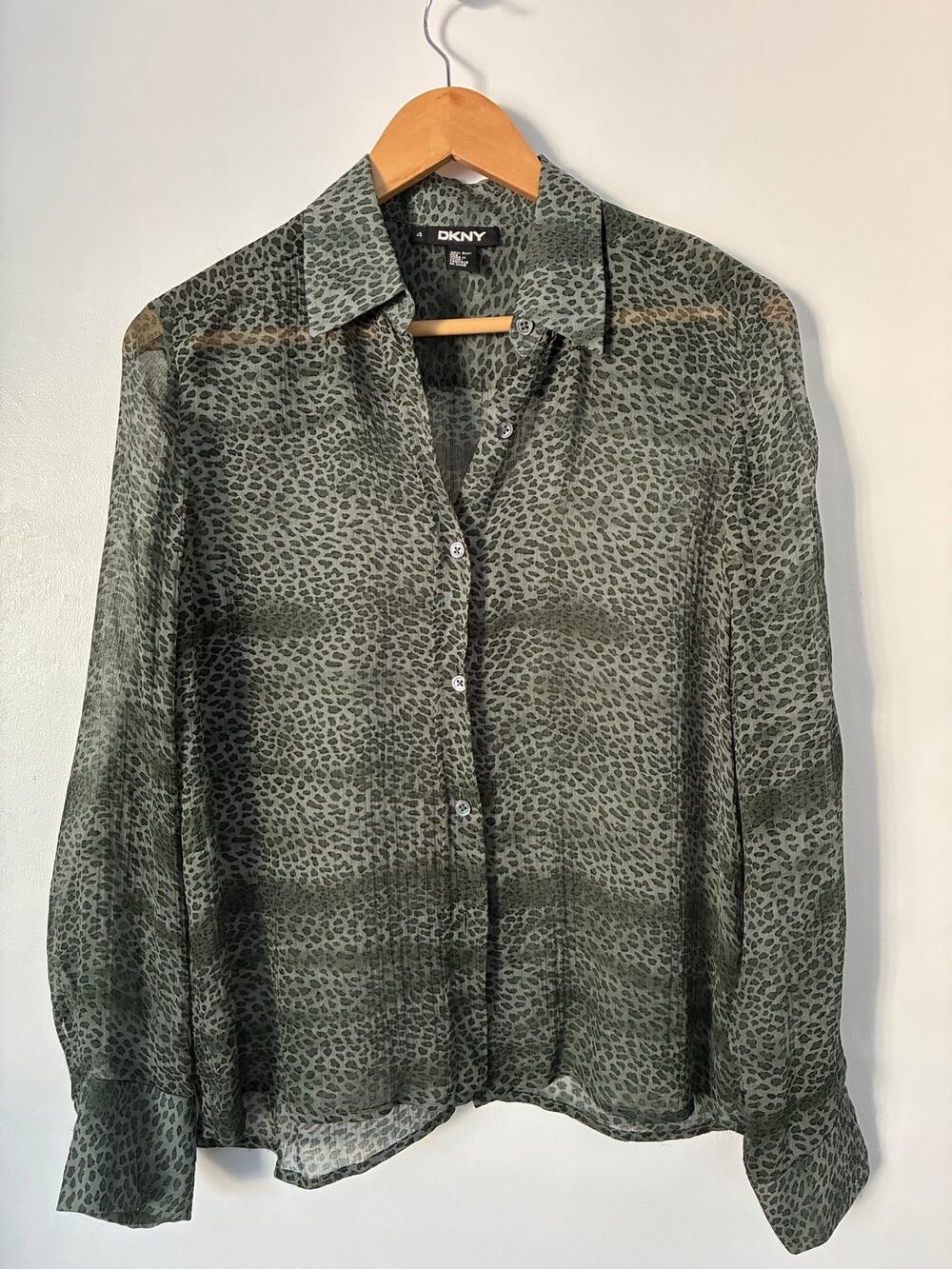 DKNY Silk Sage Green Leopard Print Sheer Long Sleeve Button Down Size 4